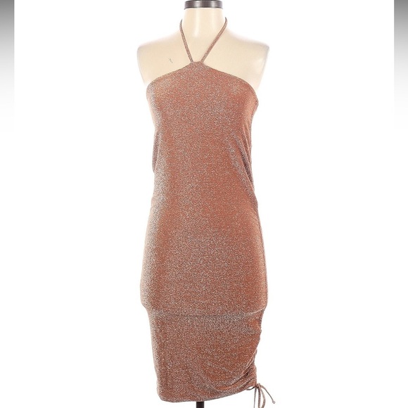 Bananhot Diamond Neckline Midi Bodycon Cocktail Dress with Cinched Sides Sparkle - Picture 1 of 9